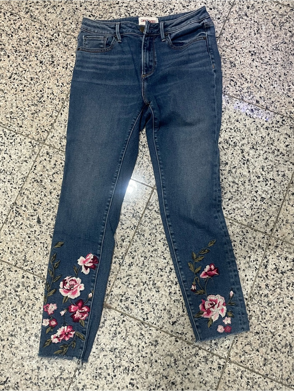 DRIFTWOOD Dark Blue Cropped Jeans with Pink Floral Embroidery